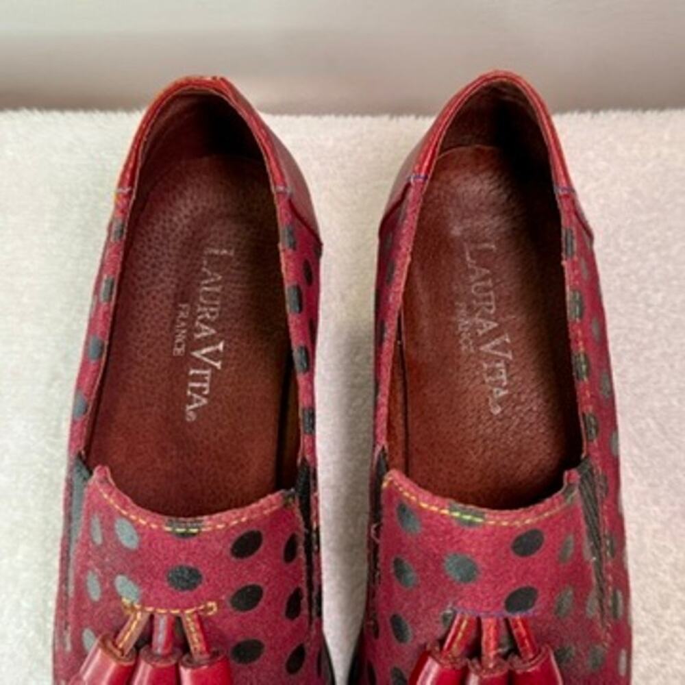 Laura Vita Burgundy Polka Dot Tassel Loafers Women’s 7.5 Suede Shoes - Picture 11 of 14
